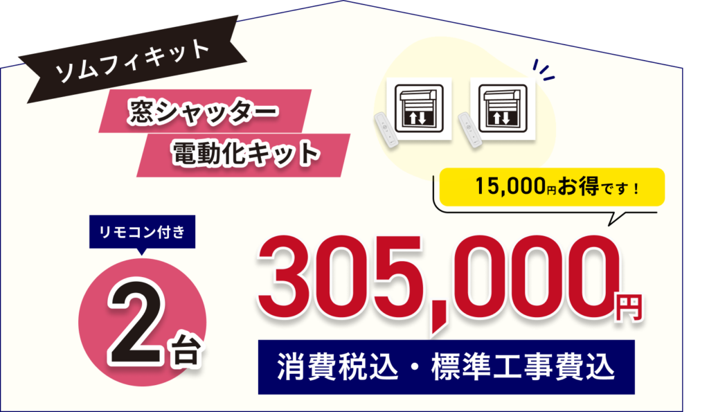 窓シャッター電動化キットソムフィキット　リモコン付き2台305.000円（消費税込、標準工事費込）