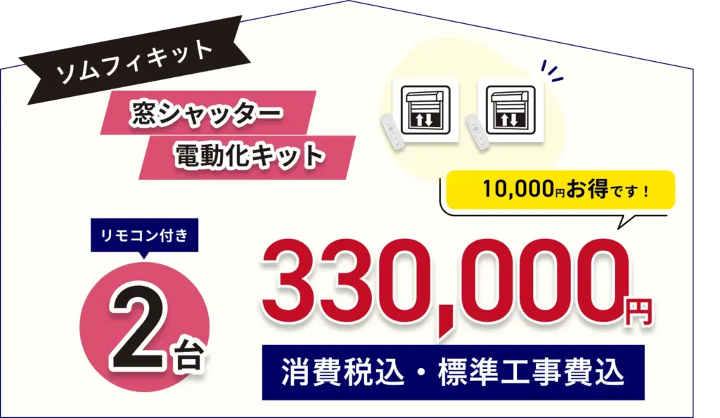 窓シャッター電動化キットソムフィキット リモコン付き2台330.000円(消費税込、標準工事費込)