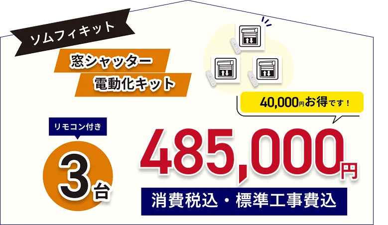 窓シャッター電動化キットソムフィキット リモコン付き3台485.000円(消費税込、標準工事費込)